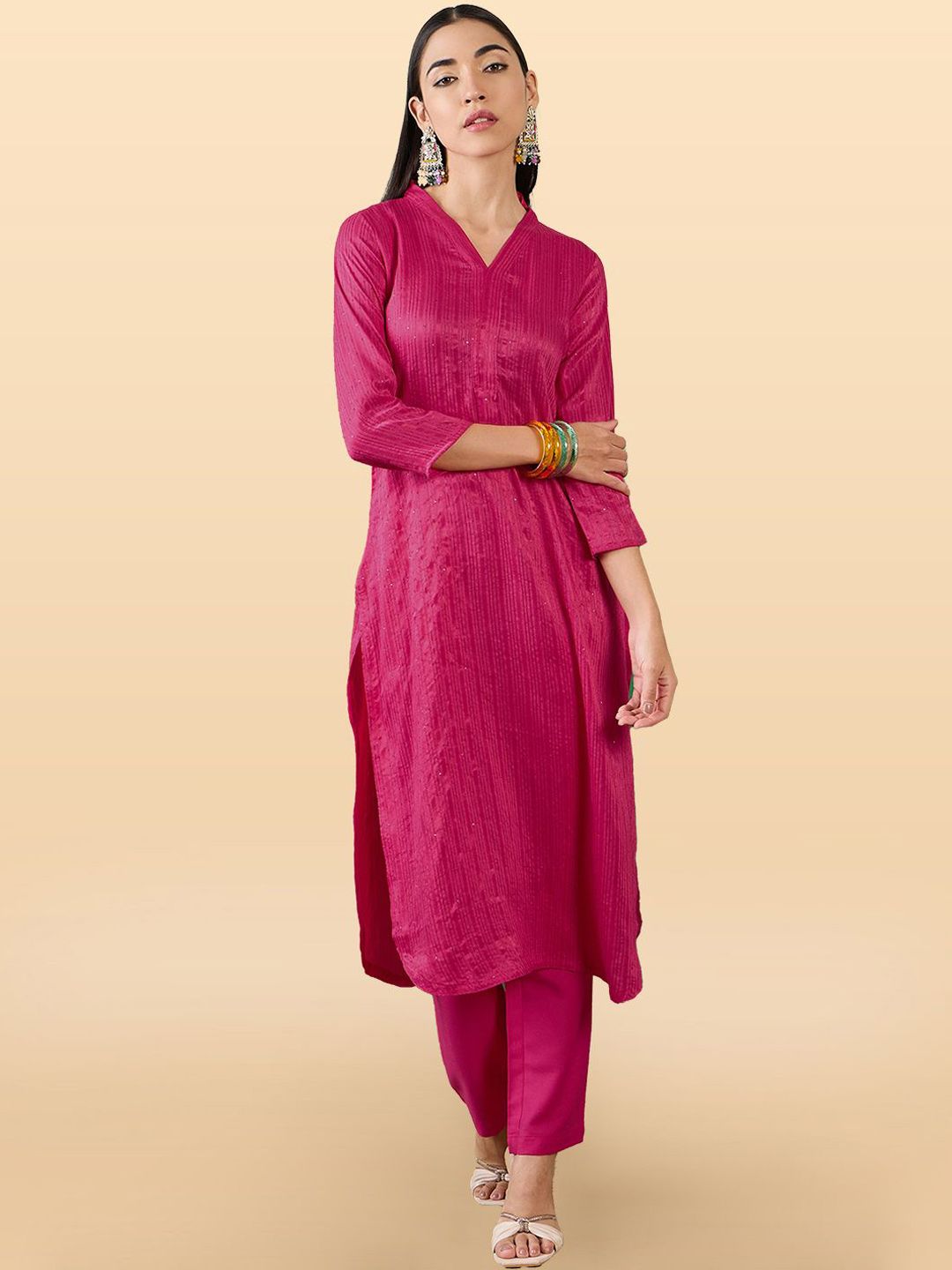 Anouk Rustic Striped Embroidered Sequinned Straight Kurta With Trousers
