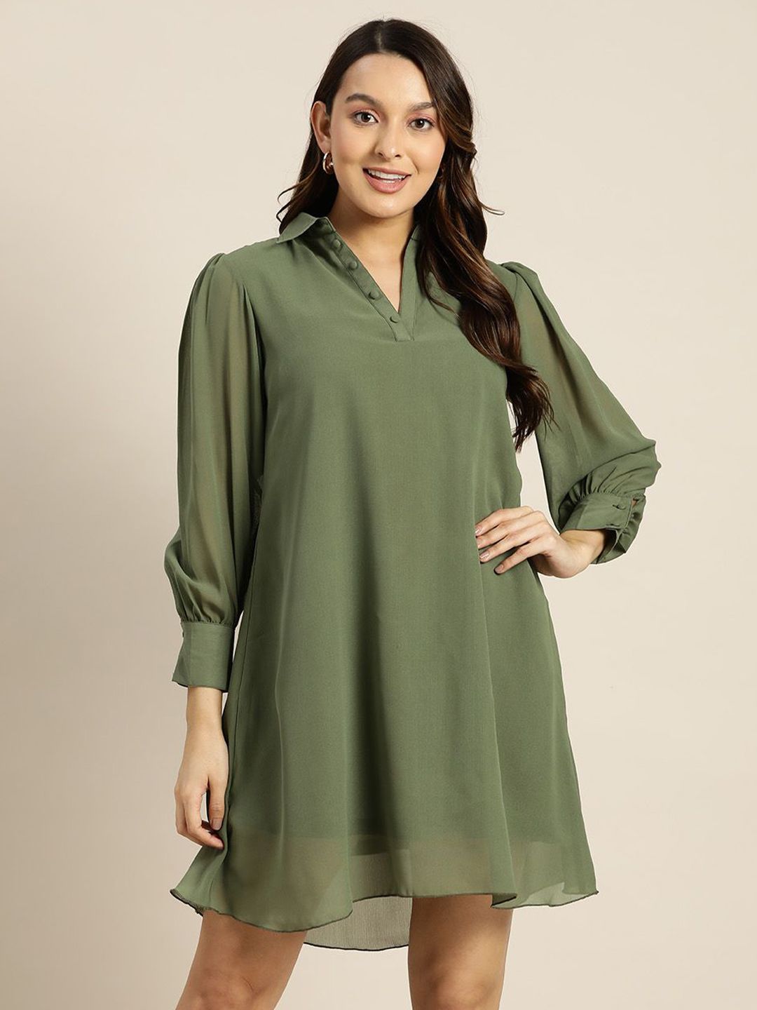 Qurvii Women Georgette Cuffed Sleeves Shirt Dress