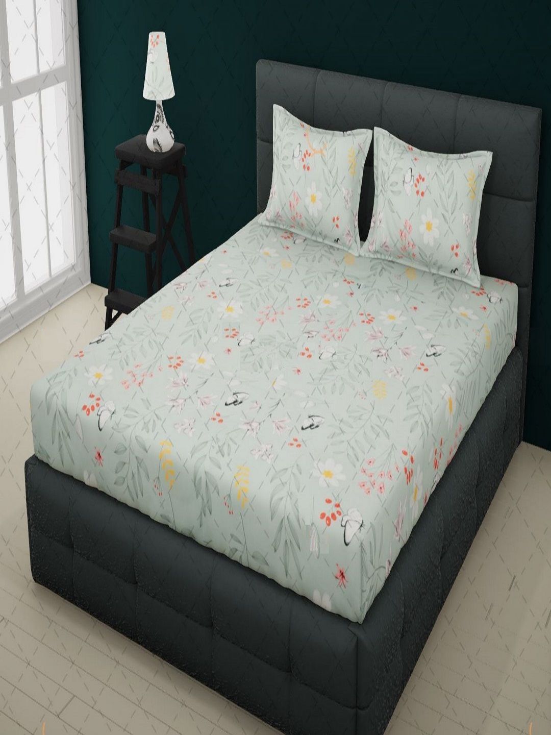 Aura Green & Red Floral Printed 210 TC Microfiber King Bedsheet Set 2.74 m x 2.74 m-picture-36