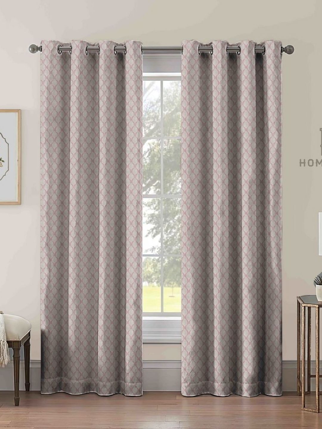 Aura Rose Gold & Pink Set of 2 Ethnic Motifs Room Darkening Long Door Curtain-image-24