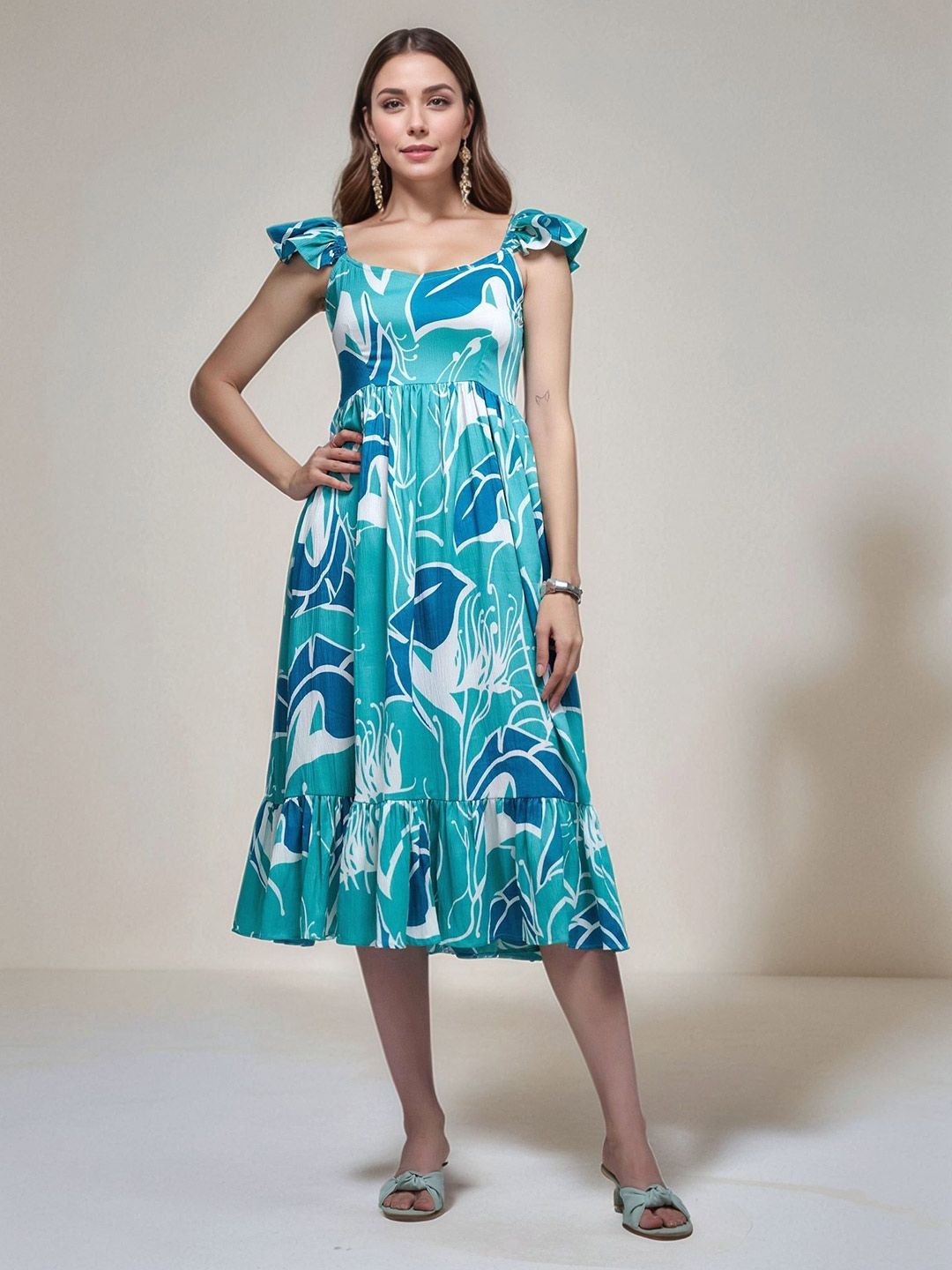 DressBerry Women Tropical Print Flutter Sleeve Layered Fit & Flare Midi Dress-picture-18