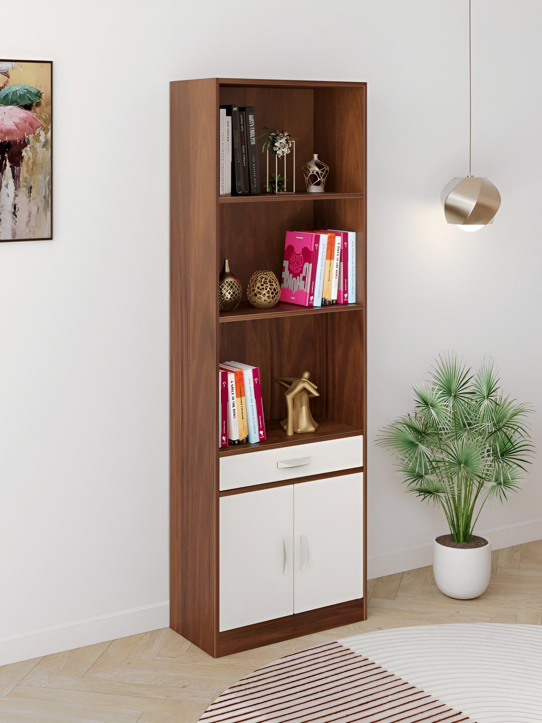 bluewud Seonn Brown 3 Tier Brown & Beige Shelf With 2 DoorCabinet