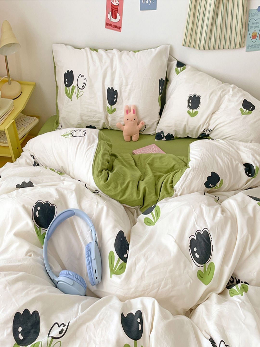 JC HOME Green & White 4 Pieces Quirky Single Bedding Set-image-24