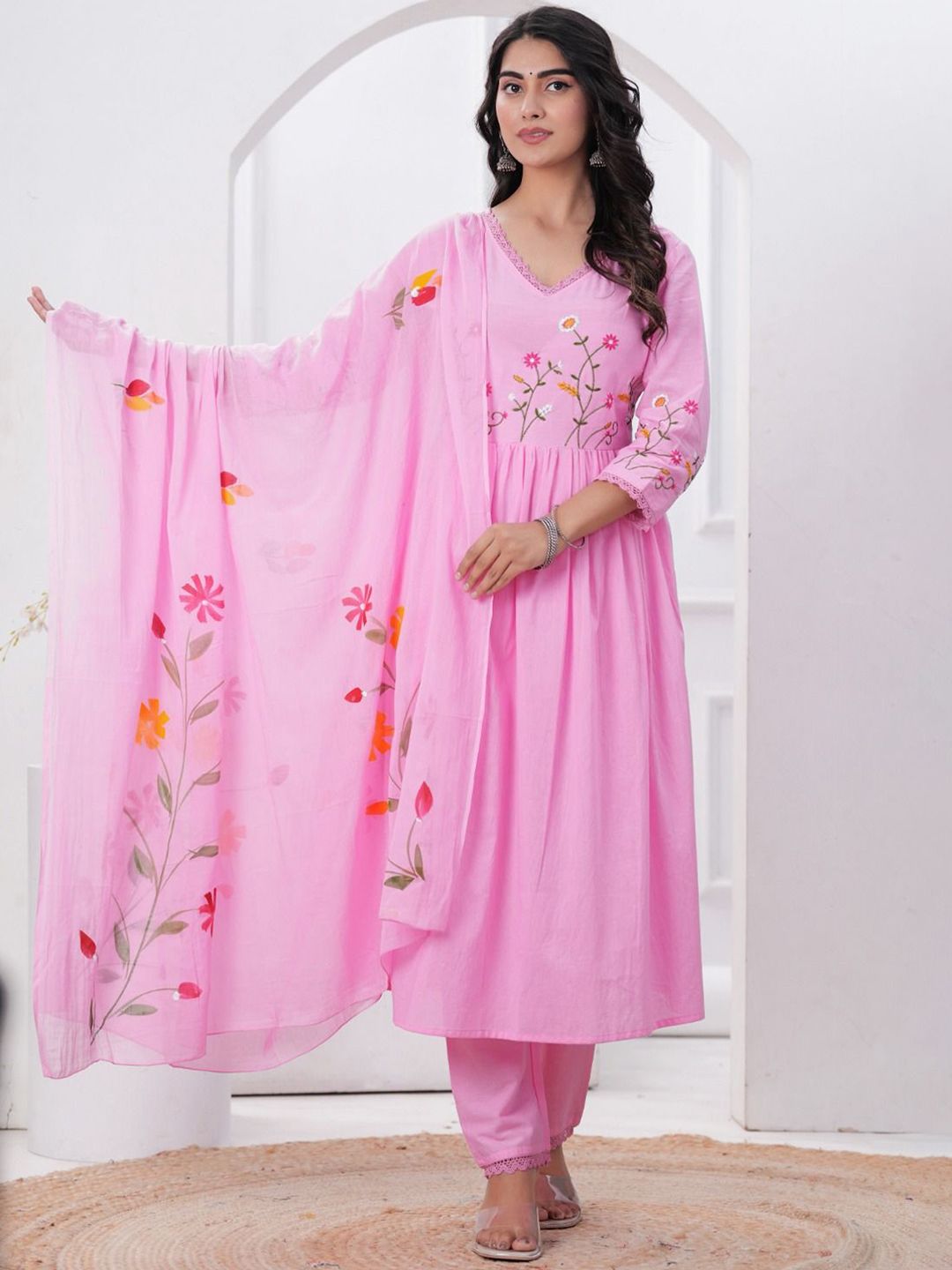 FCV Women Floral Embroidered Regular Thread Work Pure Cotton Kurti with Salwar & With Dupatta