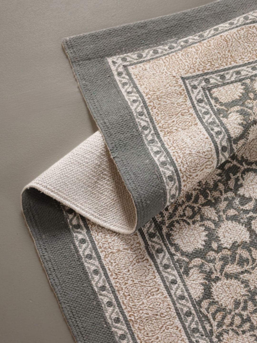 Peepul Tree Charcoal Colored & White Pure Cotton Block Printed Bedside Runner-image-42