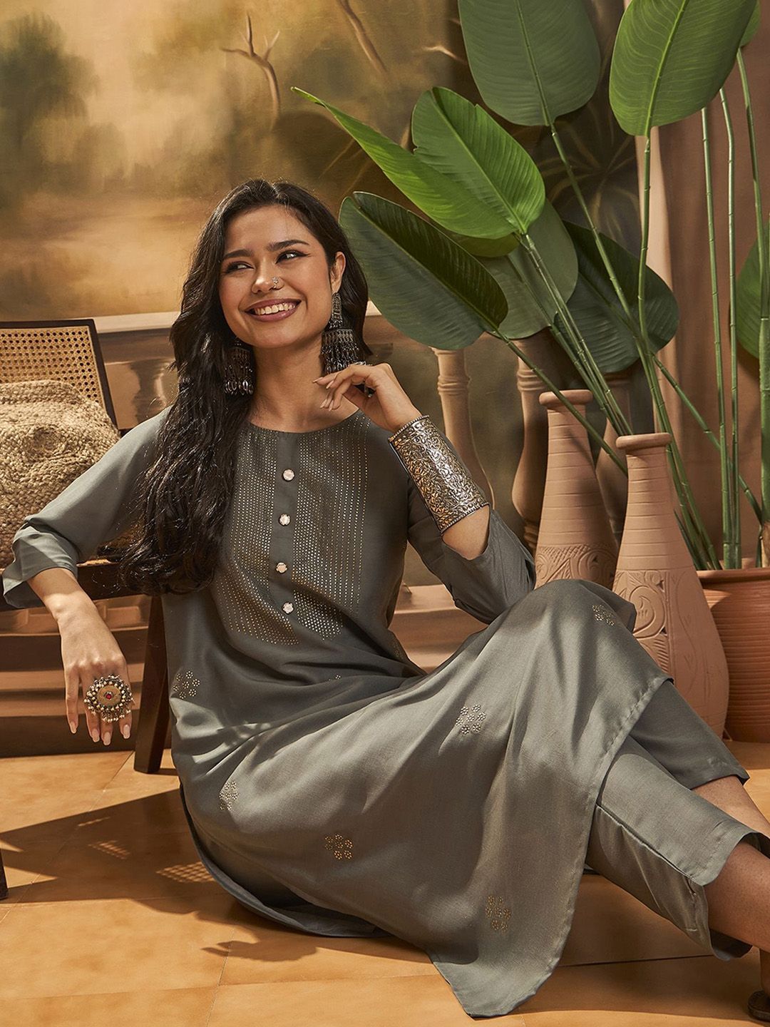 Sangria Ethnic Motifs Embroidered Round Neck Straight Kurta And Trousers