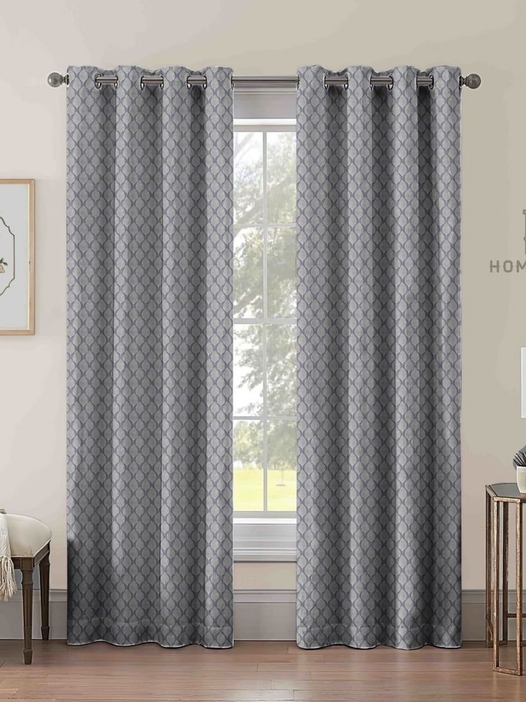 Aura Charcoal & Grey 2 Pieces Floral Printed Jacquard Room Darkening Long Door Curtain-image-36