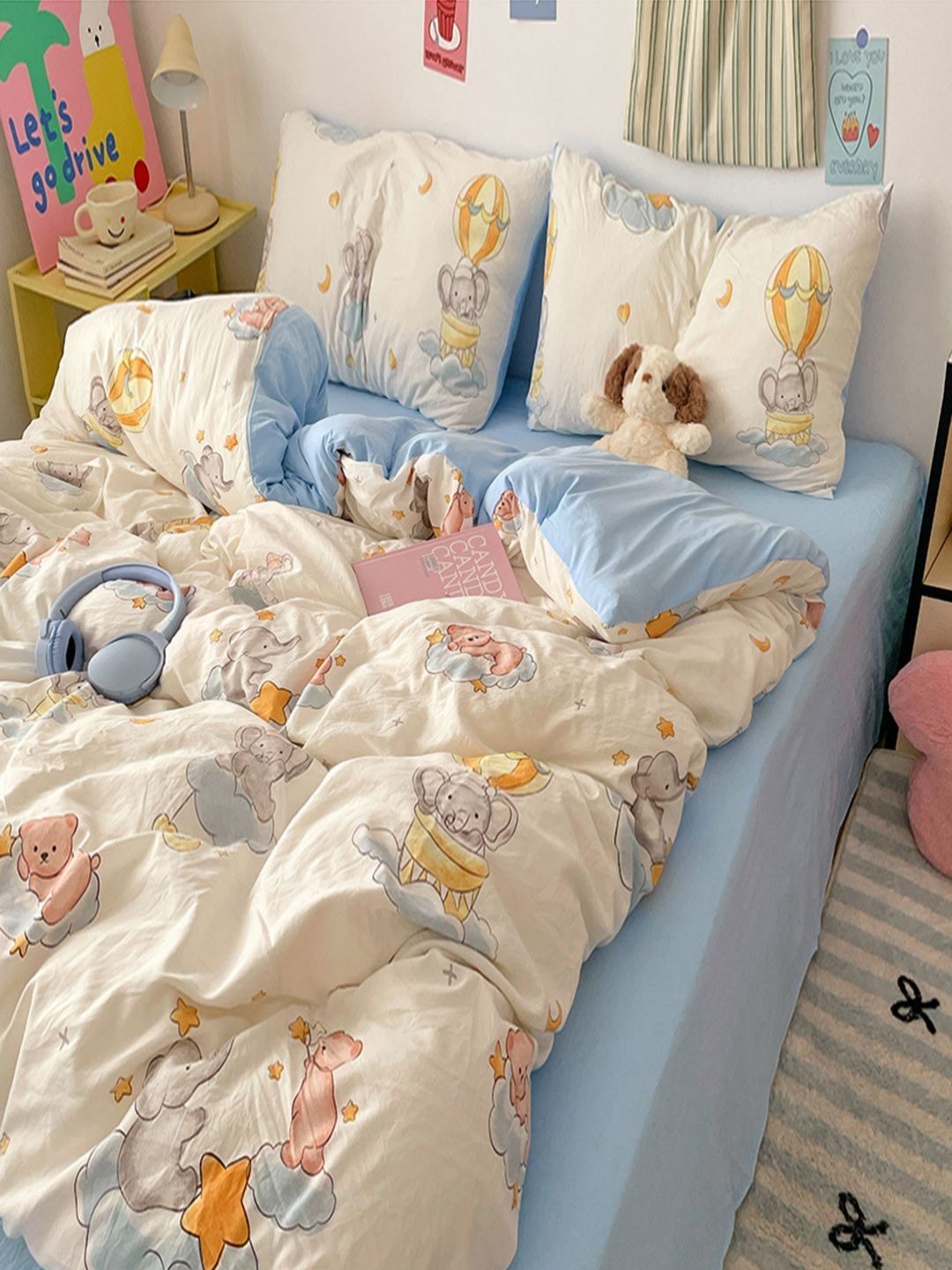 JC HOME Blue & White Cartoon Characters Polycotton 3 Piece Double Queen Regular Bedding Set-image-36