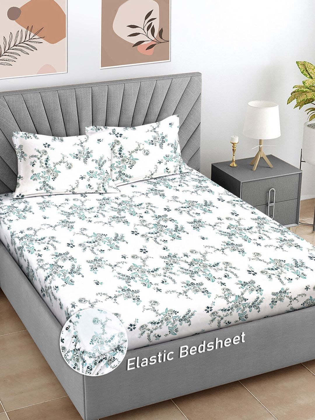 Myntra Elegant Homes White & Blue Floral Printed 300 TC King Bedsheet Set 2.50 m x 2.25 m-picture-23