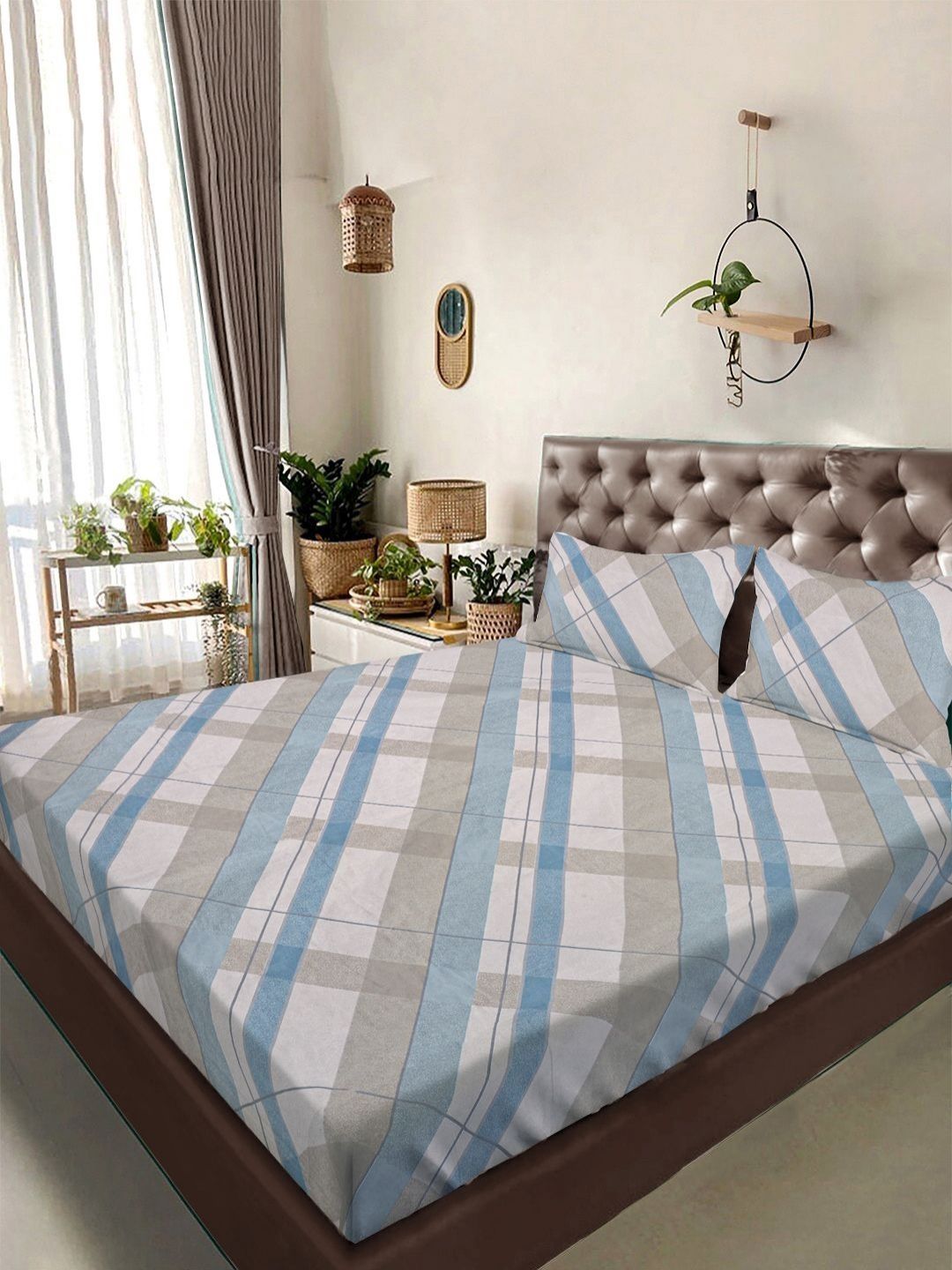 Myntra Elegant Homes Grey & Blue Geometric 300 TC Super King Bedsheet Set-2.7mX2.7m-picture-21