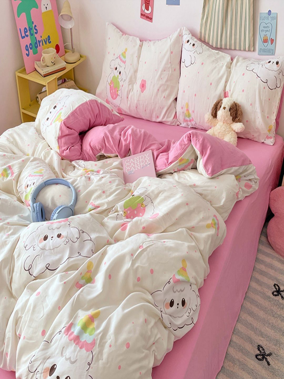 JC HOME Pink & White Cartoon Characters Printed Double Queen Regular Bedding Set-picture-37