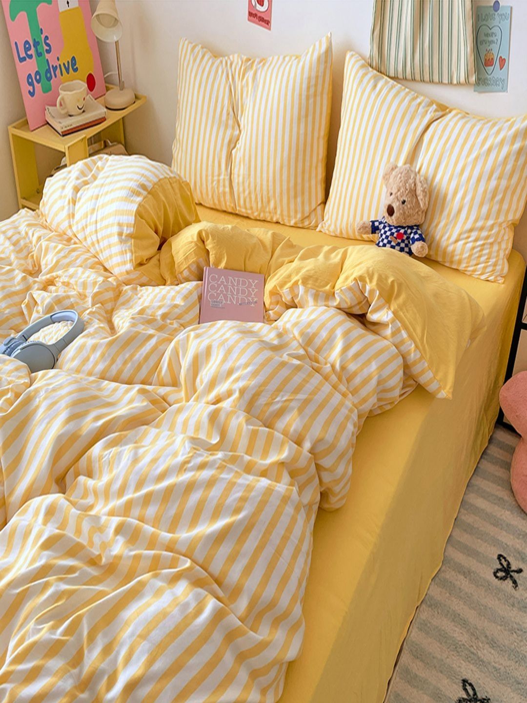 JC HOME Yellow & White Striped Polycotton 3 Piece Double Extra Large Regular Bedding Set-image-25