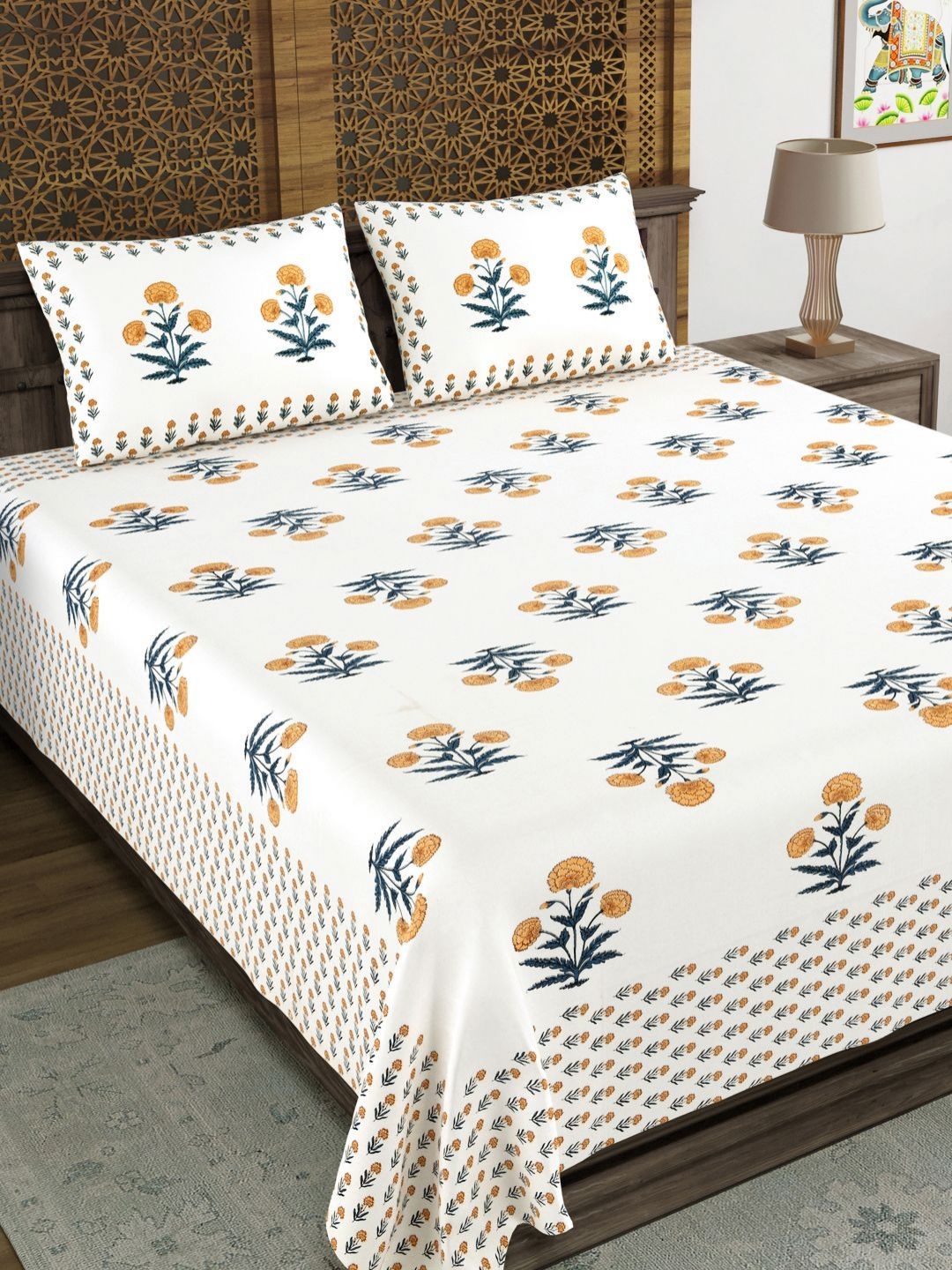Myntra Elegant Homes Grey & Blue Ethnic Motifs 210 TC King Bedsheet with 2 Pillow Covers-picture-20