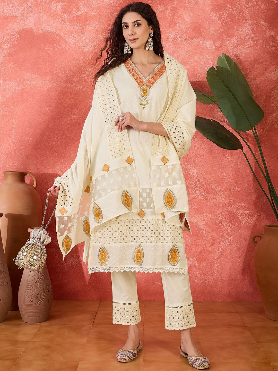 Sangria Embroidered Pure Cotton Straight Kurta & Trousers With Dupatta