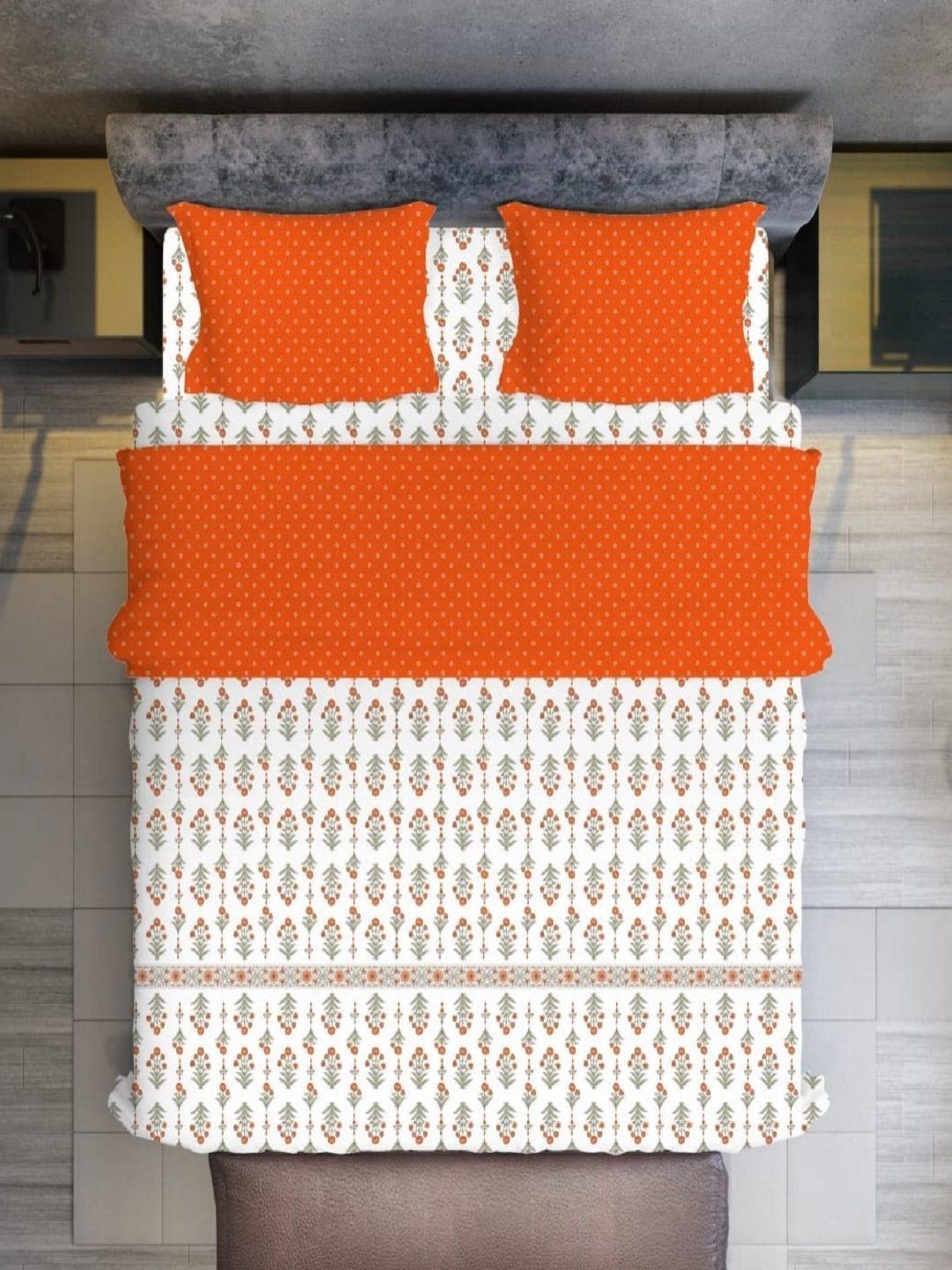 Aura White & Orange Floral Printed 210 TC Microfiber King Bedsheet Set 2.74 m x 2.74 m-picture-19