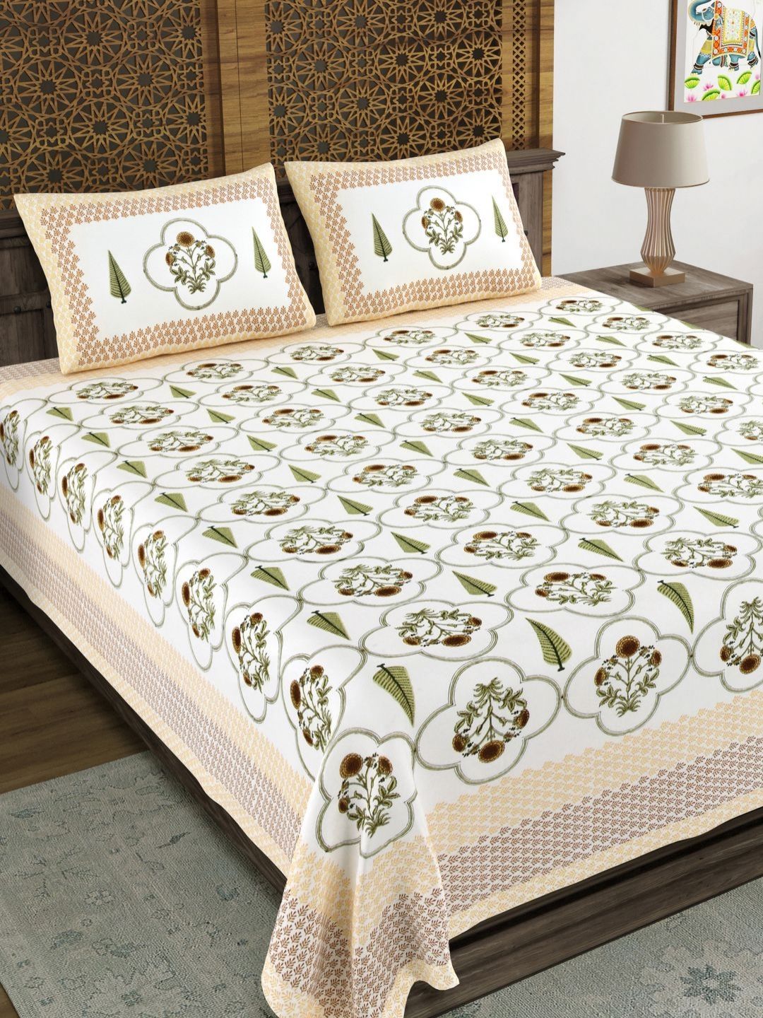 Myntra Elegant Homes Green & White Ethnic Motifs 210 TC King Bedsheet with 2 Pillow Covers-picture-32