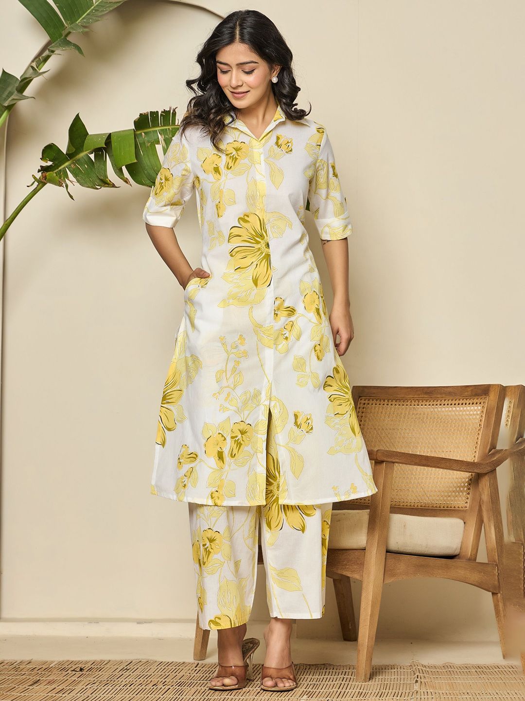 SHRIZA Floral Printed Shirt Collar Pure Cotton Straight Kurta With Palazzos