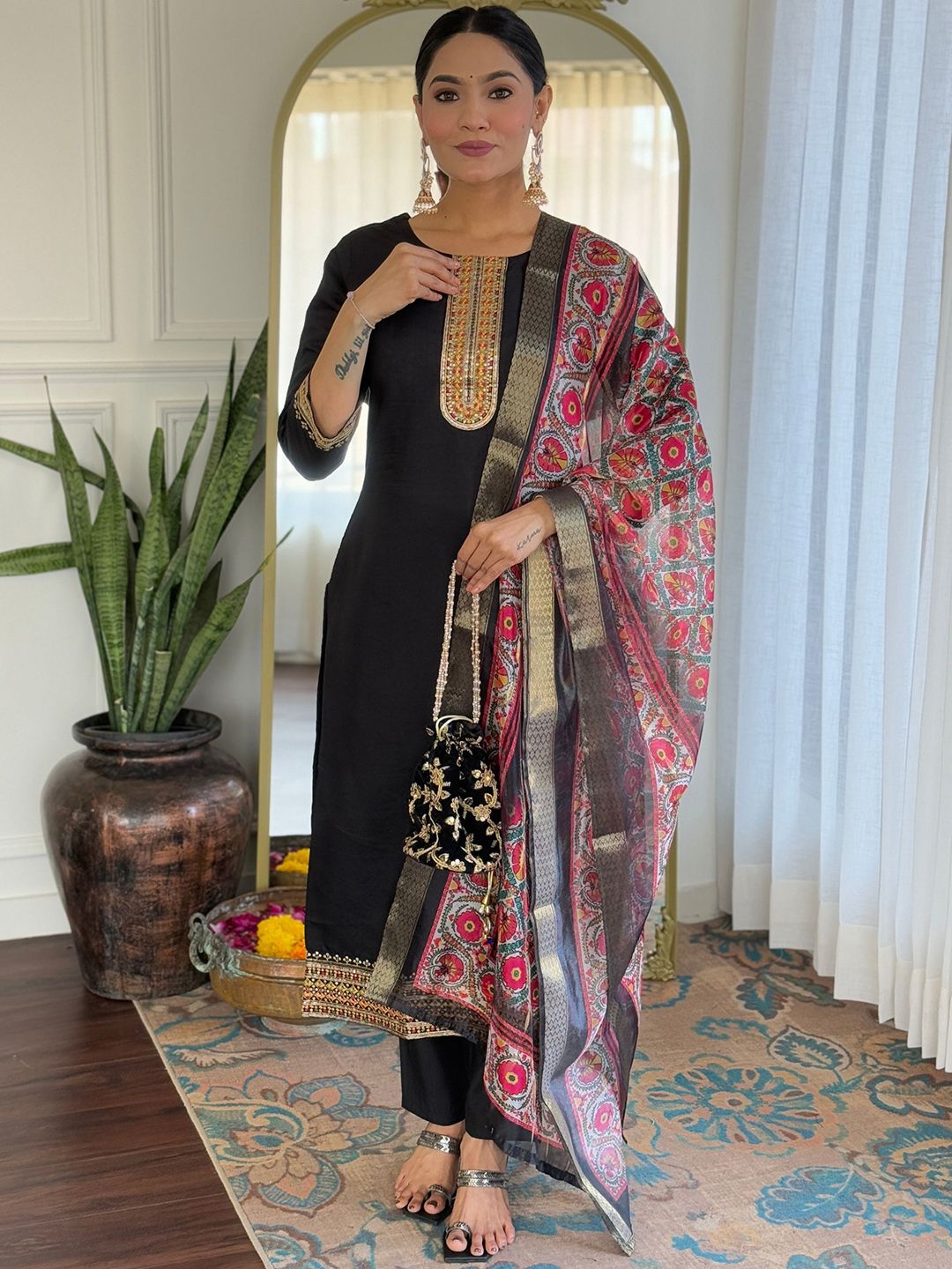 NIZA FASHION Women Ethnic Motifs Embroidered Regular Kurta with Trousers & Dupatta