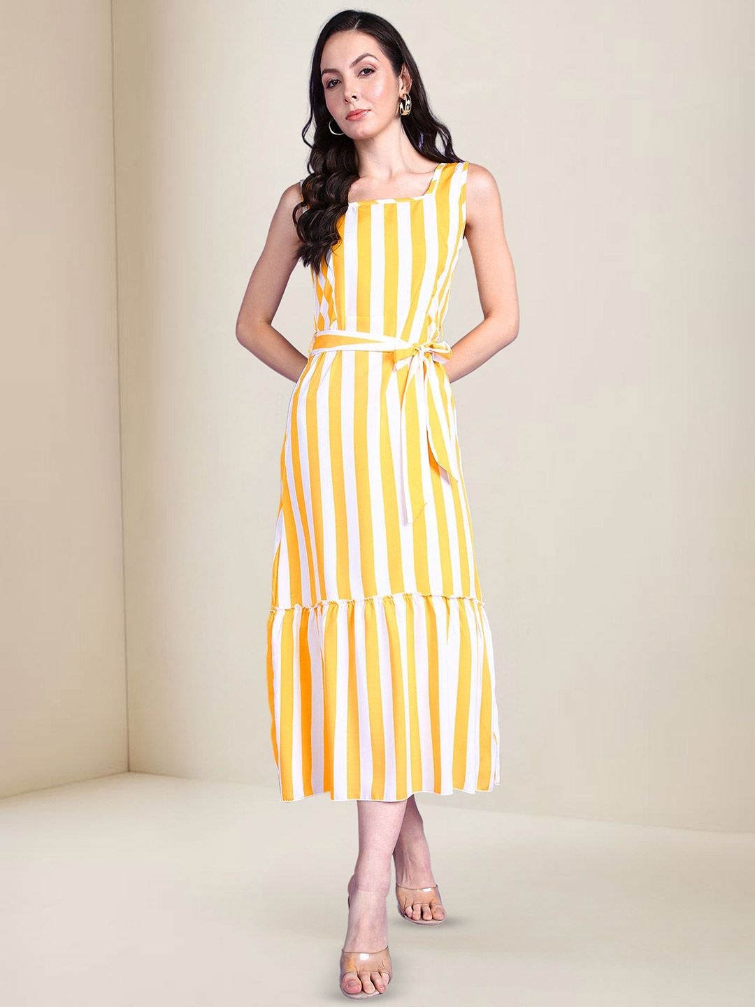 Popwings Women Striped Print A-Line Midi Dress-picture-32