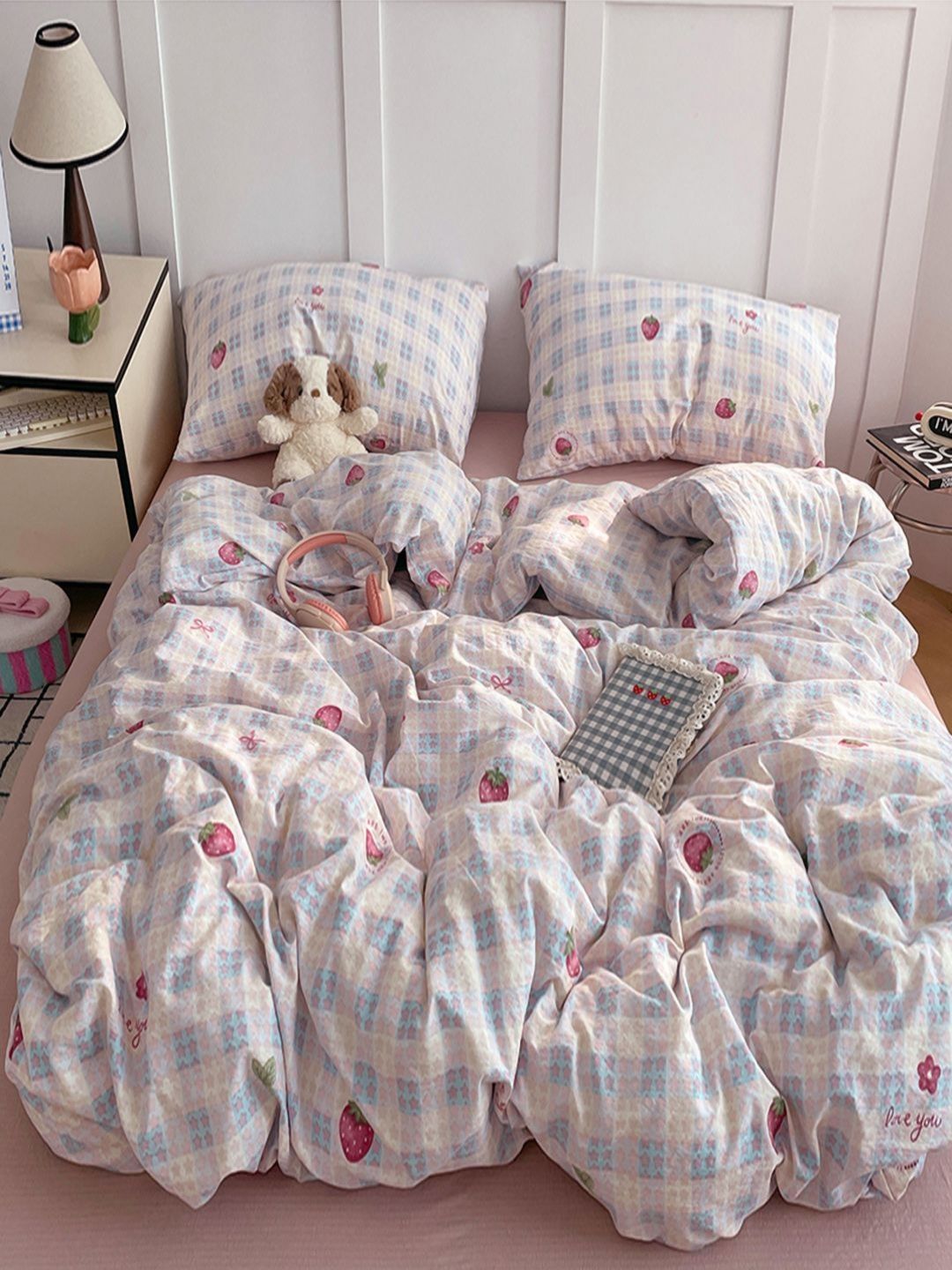 JC HOME Pink & Blue Cartoon Characters Polycotton 3 Piece Double King Regular Bedding Set-image-9