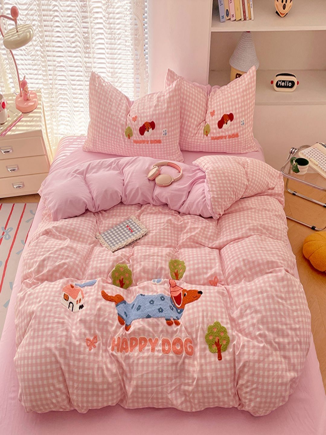 JC HOME Pink Checked Polycotton 3 Piece Double King Regular Bedding Set-image-41