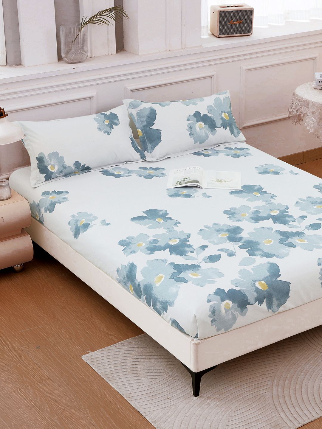 Story@home Blue & White Floral Cotton 186 TC Double Queen Bedsheet Set-2.25 m X 2.50 m-image-44