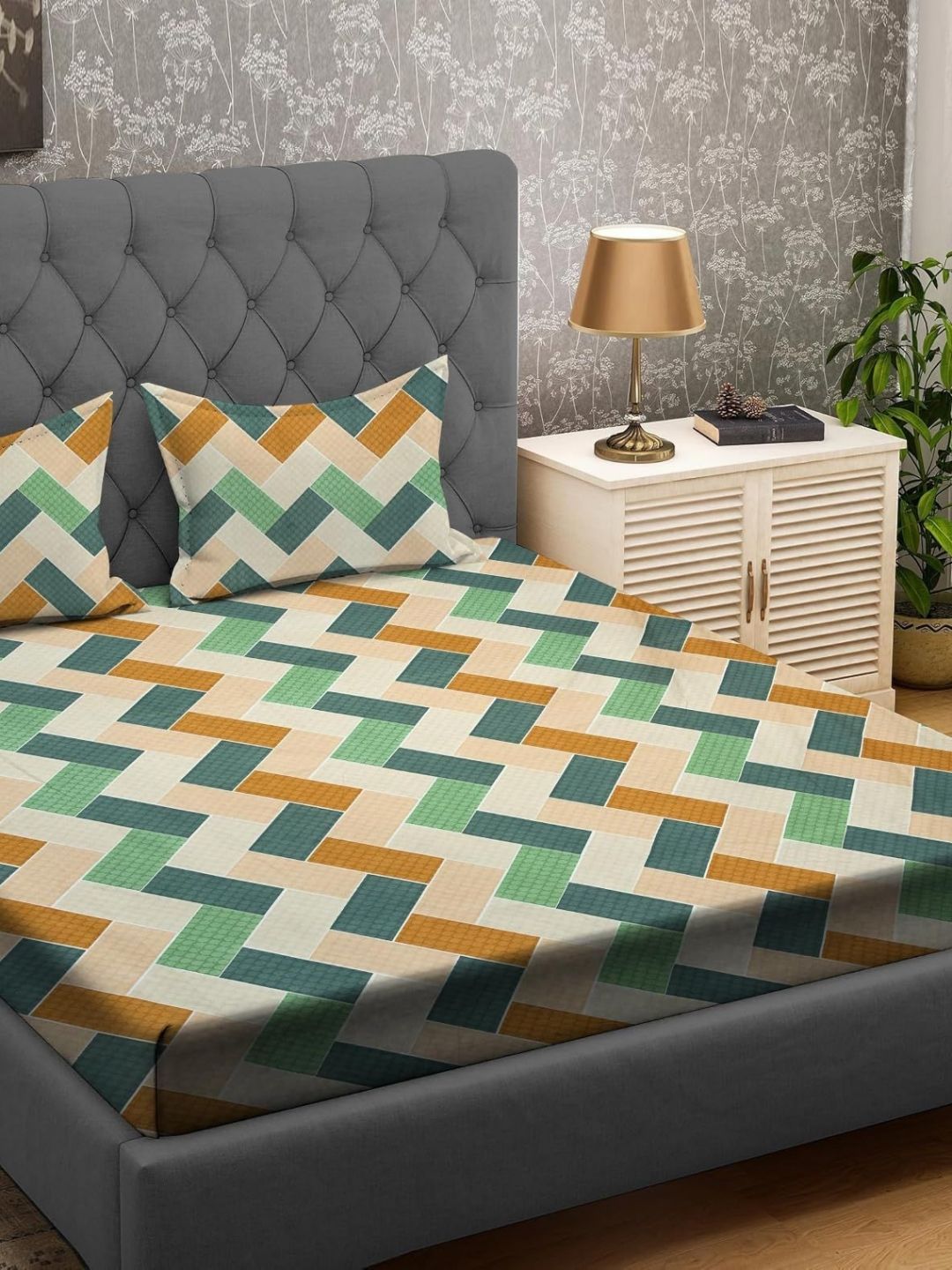 Aura Beige & Mustard Striped Printed 210 TC Microfiber King Bedsheet Set 2.74 m x 2.74 m-picture-35