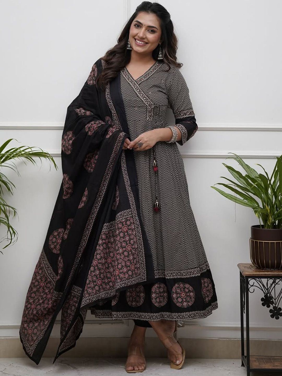 NIZA FASHION Chevron Printed Pure Cotton Anarkali Kurta With Trouser And Dupatta