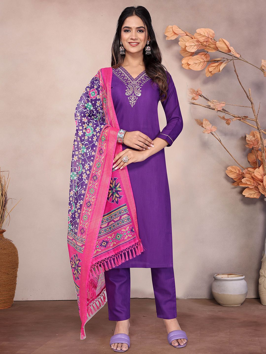 HERE&NOW Women Floral Yoke Design Regular Mirror Work Kurta with Palazzos