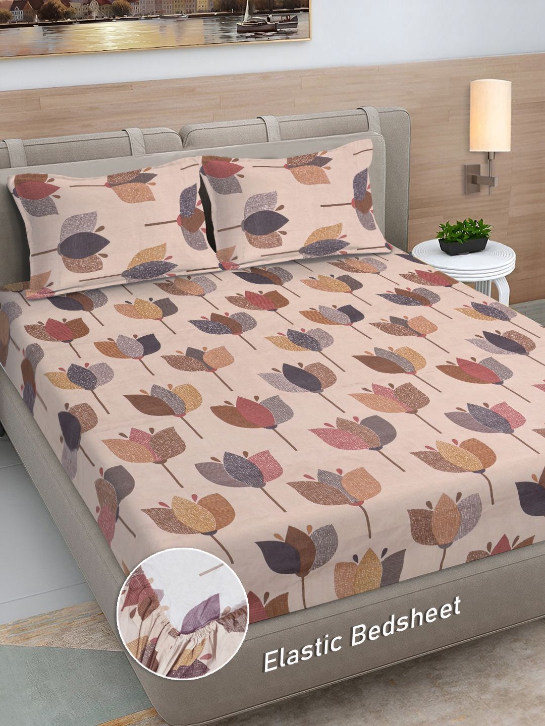 Myntra Elegant Homes Beige Floral 300 TC King Bedsheet with 2 Pillow Covers-picture-28