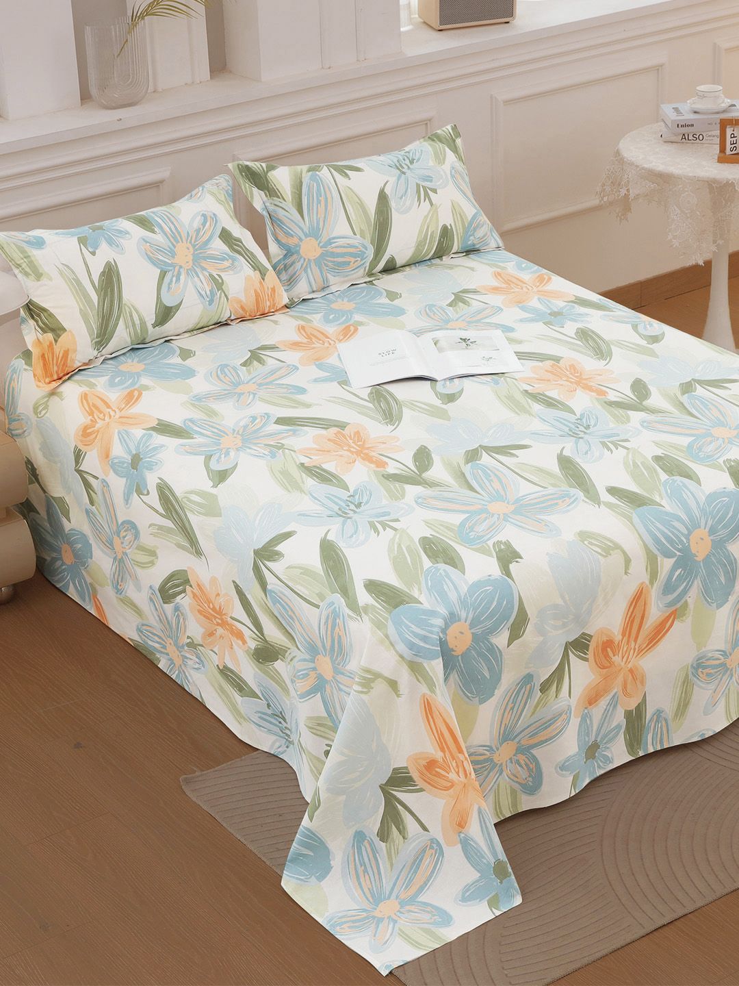 Story@home White & Blue Floral 186 TC Double Queen Bedsheet Set-2.25 m X 2.50 m