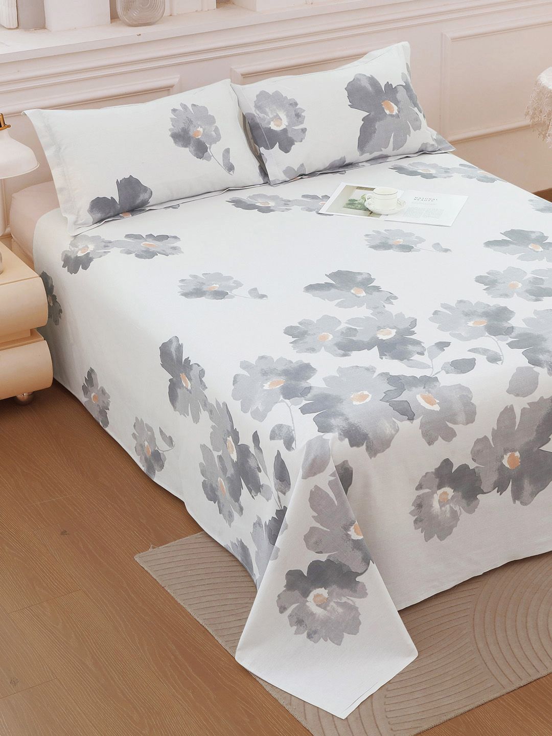 Story@home Grey & White Floral Cotton 186 TC Double Queen Bedsheet Set-2.25 m X 2.50 m-image-48