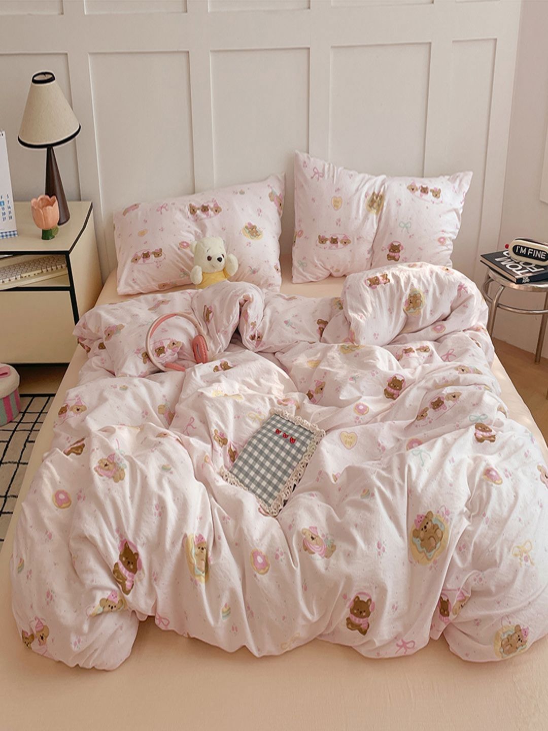 JC HOME Champagne & Pink Cartoon Characters Polycotton 3 Piece Double Queen Regular Bedding Set-image-22