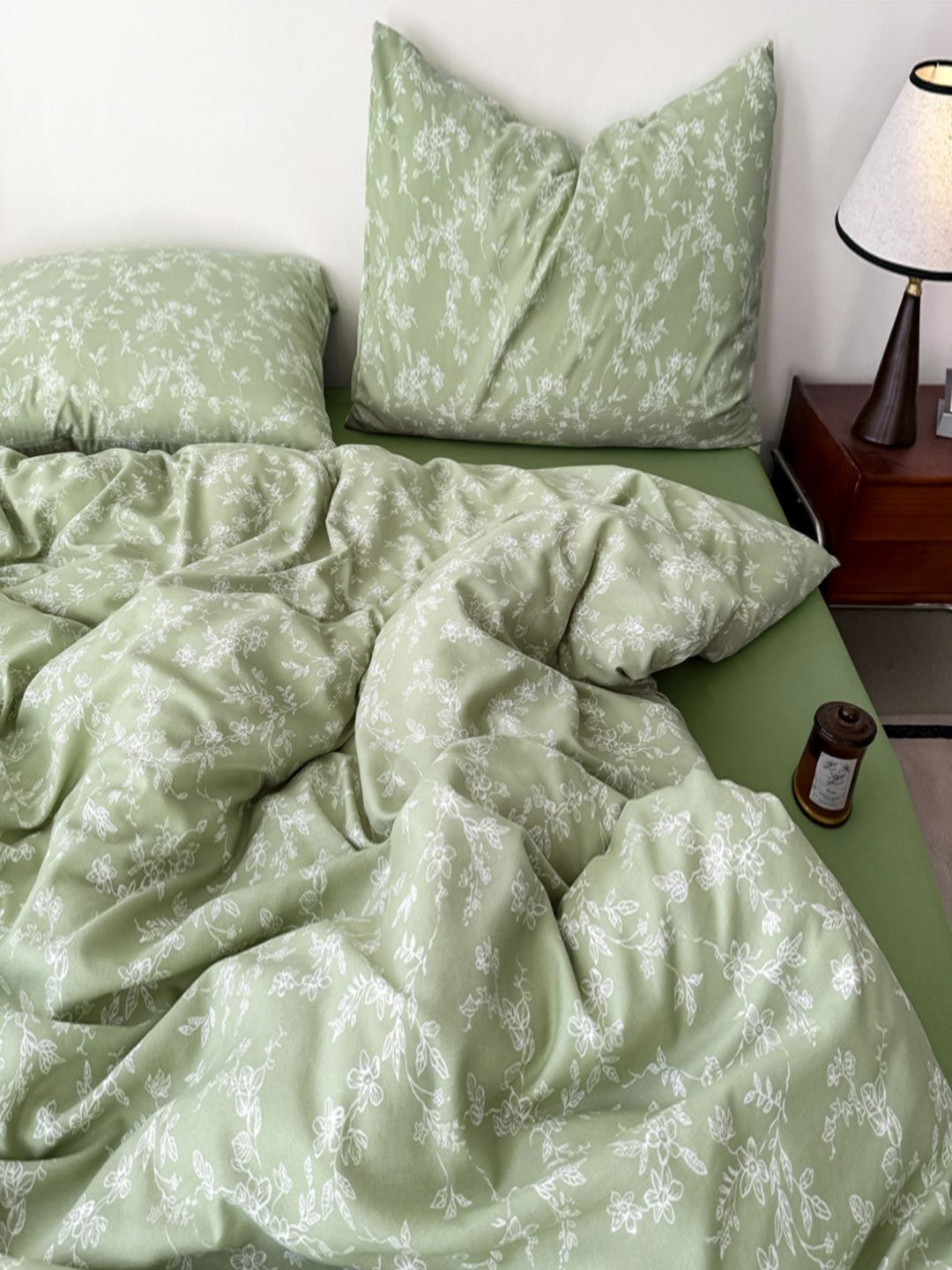 JC HOME Green & White 3 Pieces Floral Printed Single Regular Bedding Set-image-23