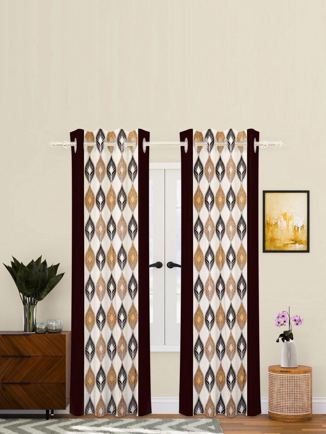 Aura Brown & Beige 2 Pieces Floral Printed Long Door Curtains