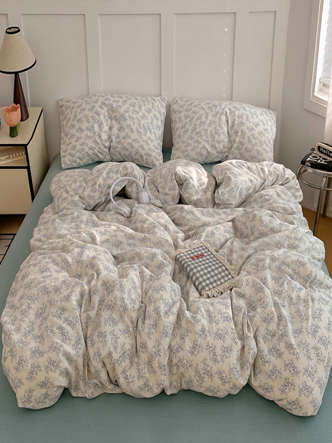 JC HOME Blue & White Solid Polycotton 4 Piece Double Queen Regular Bedding Set-picture-43
