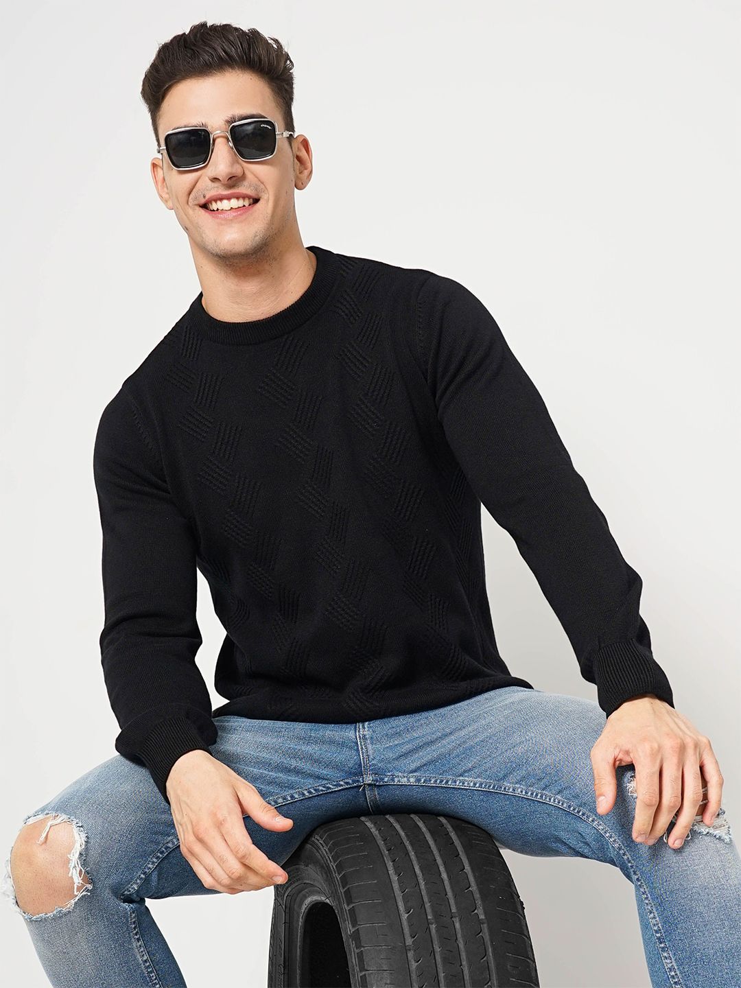 Celio Men Solid Self Design Round Neck Pullover Cotton Sweater-picture-23