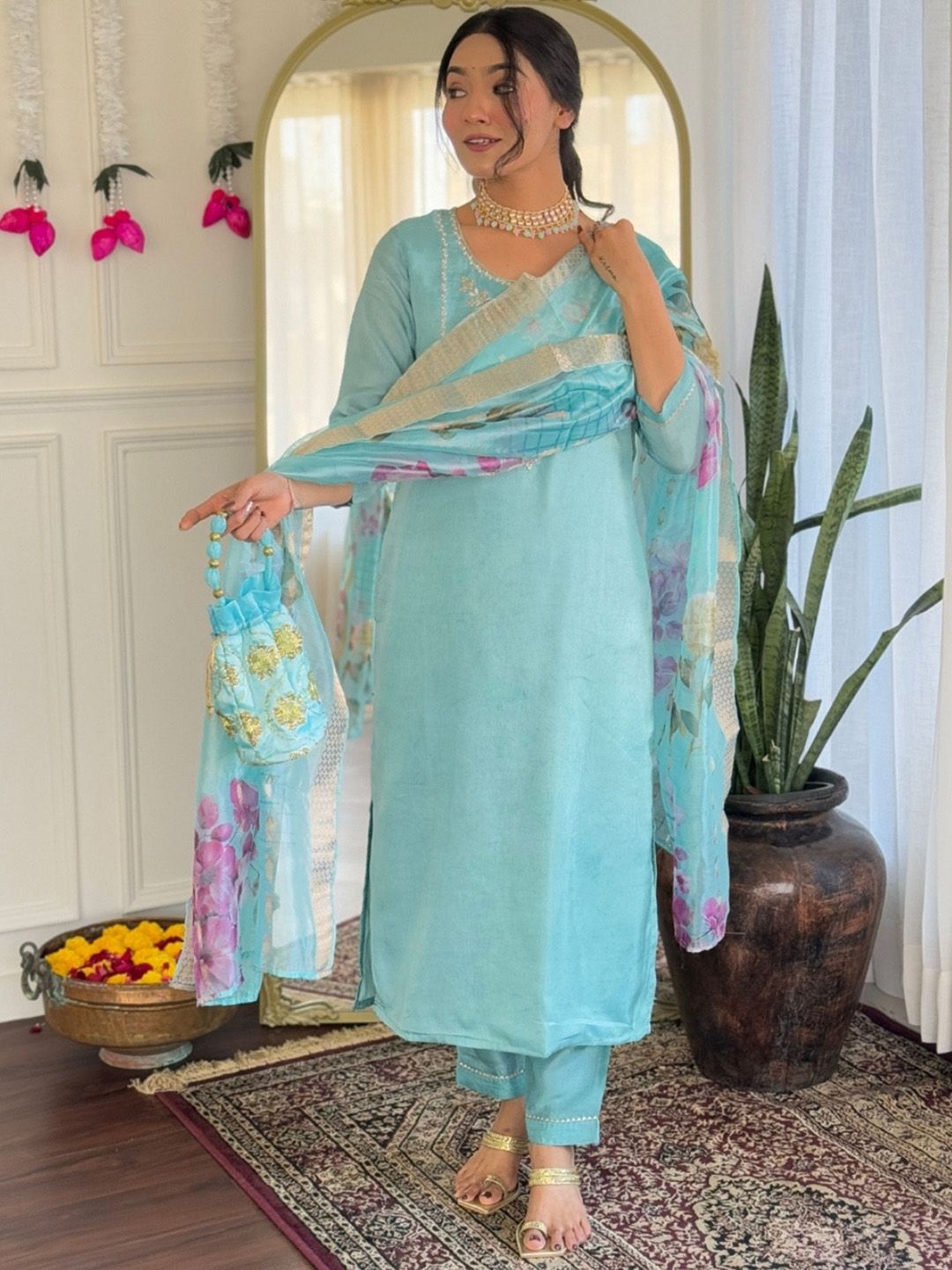 NIZA FASHION Yoke Design Zari Work Straight Kurta With Trouser And Dupatta