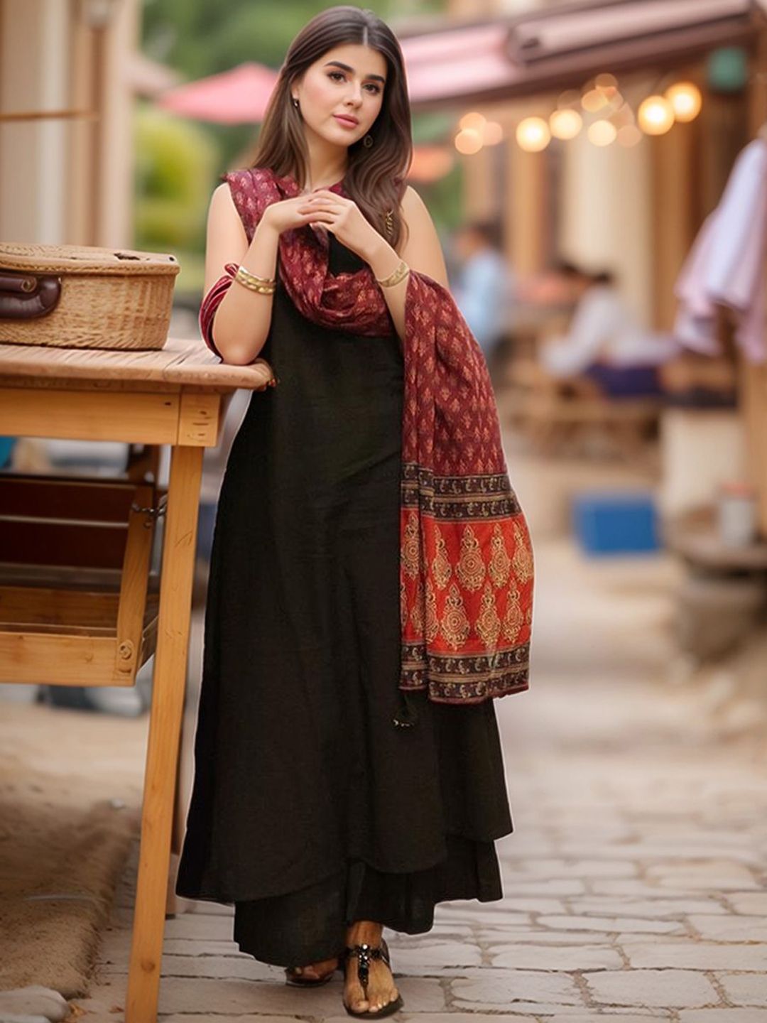 Aaghnya Round Neck A-Line Kurta With Palazzos & Dupatta