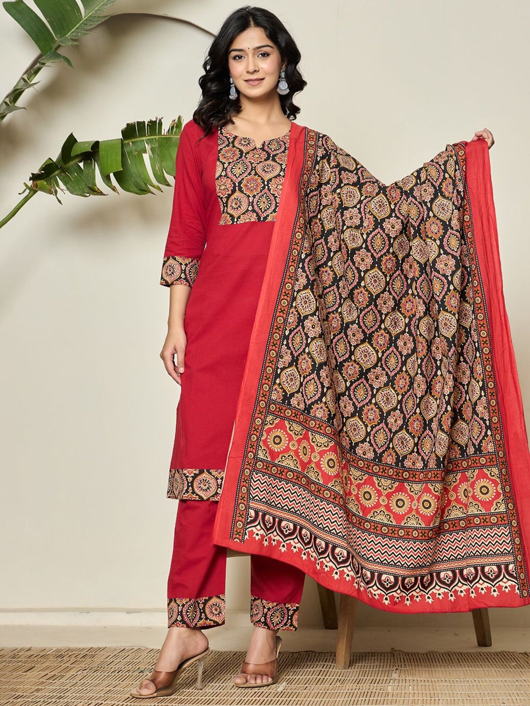 SHRIZA Floral Yoke Design Notch Neck Pure Cotton Straight Kurta With Trouser And Dupatta