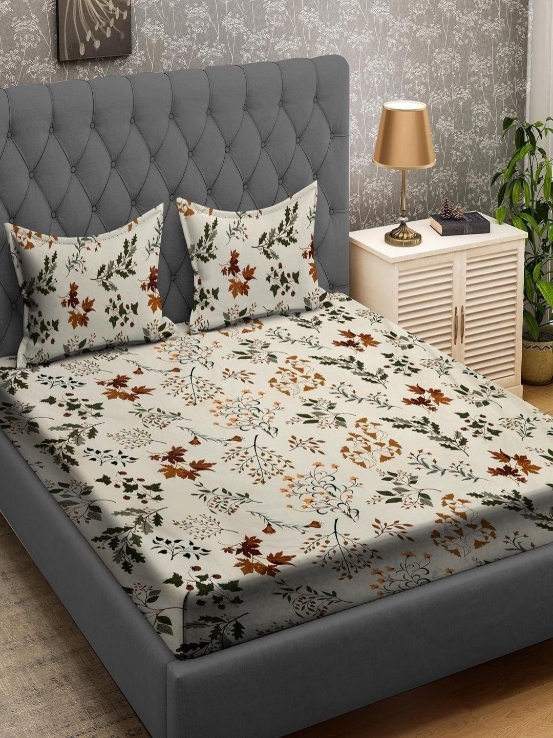 Aura Cream-Coloured & Green Printed 210 TC Microfiber King Bedsheet Set 2.74 m x 2.74 m-picture-24
