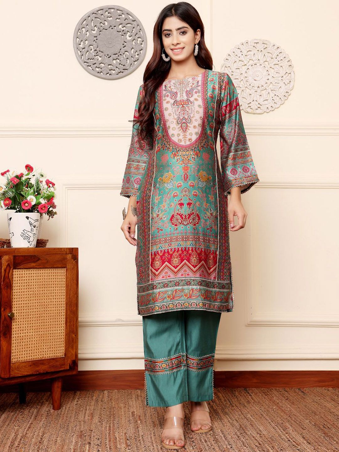 Varanga Women Ethnic Motifs Printed Regular Gotta Patti Chanderi Silk Kurta with Trousers