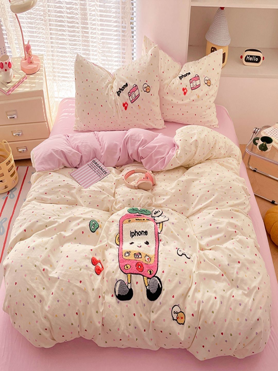 JC HOME Pink & White 4 Pieces Printed Double Queen Regular Bedding Set-picture-58
