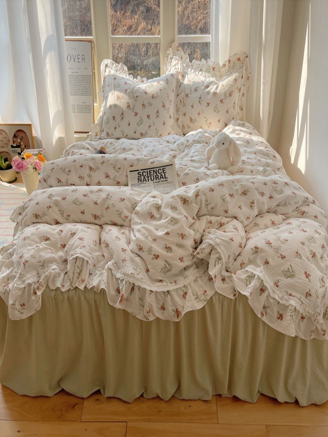 JC HOME Green & White Floral Polycotton 3 Piece Double Queen Regular Bedding Set-picture-24
