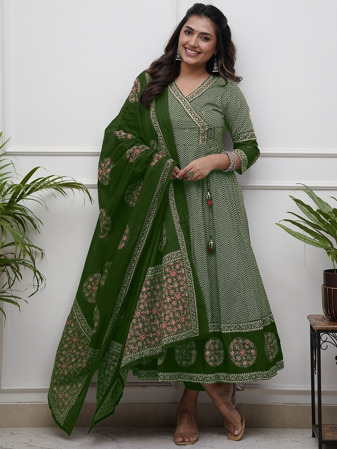 NIZA FASHION Chevron Printed V Neck Anarkali Pure Cotton Kurta With Trousers & Dupatta