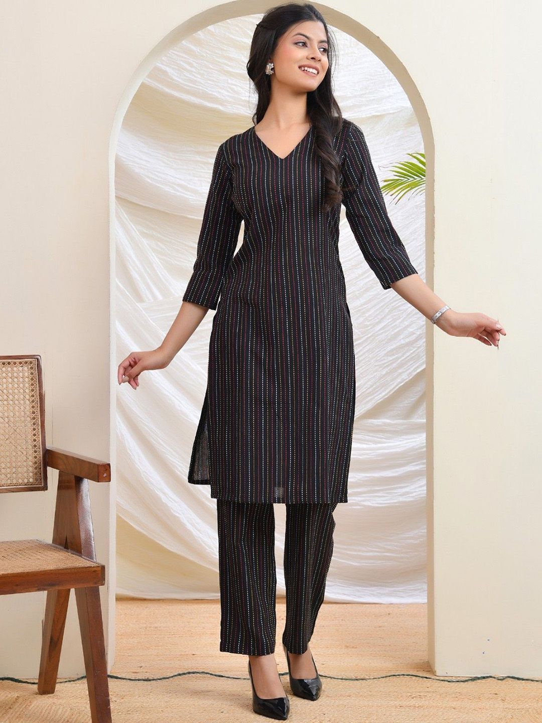 DRESENCE Embroidered V Neck Pure Cotton Kantha Top With Trousers Co-Ords