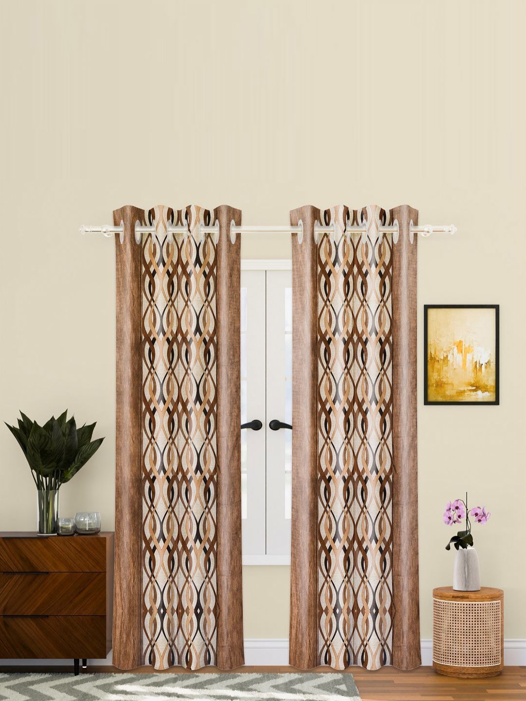 Aura Brown & Beige 2 Pieces Floral Printed Long Door Curtains