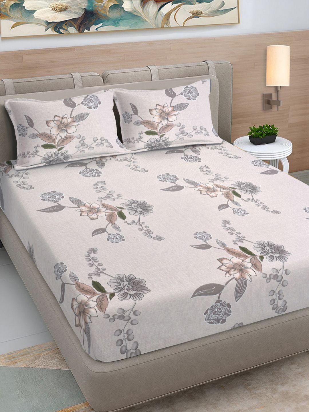 Myntra Elegant Homes Beige & Grey Floral Printed 300 TC King Bedsheet Set 2.7 x 2.7 m-picture-38