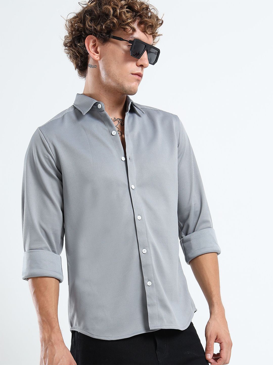 THE BEETEL HOUSE Men Textured Spread Collar Casual Shirt-picture-37