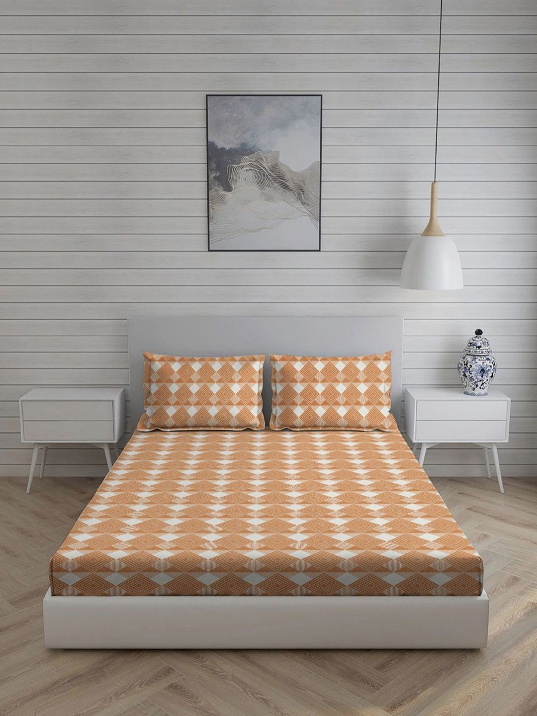 Living scapes by Pantaloons Rust & White Geometric 210 TC Queen Bedsheet with 2 Pillow Covers-picture-36